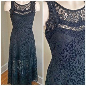 NARCISA LANG black lace sleeveless floral maxi cocktail formal party dress